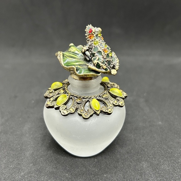 Frosted Glass Jeweled Frog Perfume Bottle empty 3.5" Tall 1.5" Wide - Picture 3 of 11
